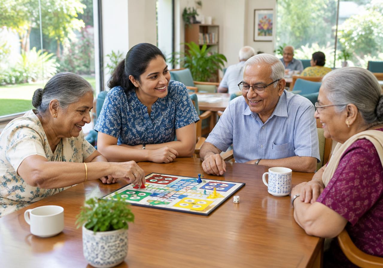 Illustrative Indian senior center with older adults sharing a board game